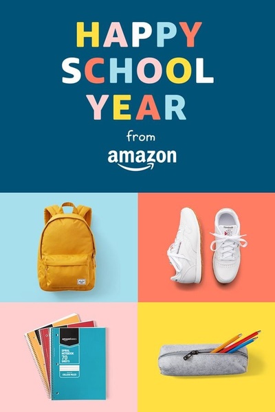 A clean, four-quadrant grid layout showcasing essential school supplies like a backpack, shoes, notebooks, and a pencil case.